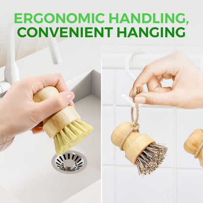 AIRNEX Bamboo Dish Brush Set of 3 - Natural Wooden Dish Scrubber w/Medium Stiff Sisal & Coconut Bristles - Kitchen Scrub Brush for Dishes, Pots & Pans - Plastic Free, Non Scratch Bristles
