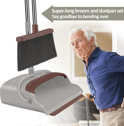 Upgrade Broom and Dustpan Set, Self-Cleaning with Dustpan Teeth, Indoor&Outdoor Sweeping, Ideal for Dog Cat Pets Home Use, Stand Up Broom and Dustpan (Gray&Orange)