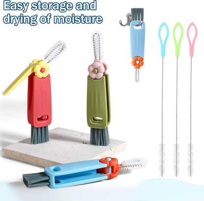 3Pcs 3 in 1 Cup Lid Cleaning Brush with 3Pcs 7.87inch Straw Cleaning Brush, Multifunctional Gap Cleaning Brush Portable Cup Brush Cleaner for Water Bottle Cup Lids Gaps Corners Straw Cleaning