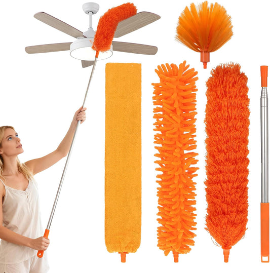 Cobweb Duster with Extension Pole, 4-in-1 Washable Cleaning Duster Kit, 15-100 Inch Long Telescoping Pole, Bendable Design for High Ceiling Fans Furniture, Microfiber Webster Remover Tools