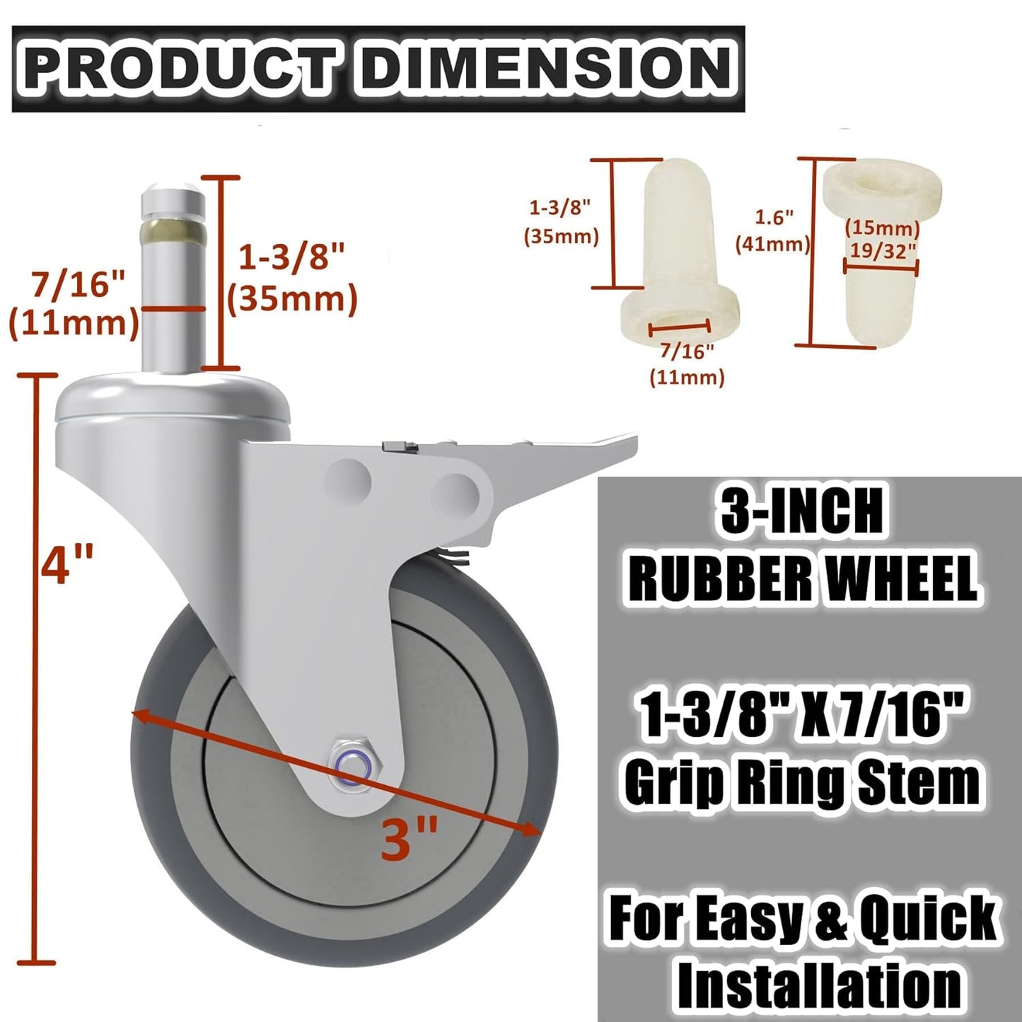RILIDRI 3-Inch Swivel Stem Caster for Rubbermaid Mop Bucket Utility Cart, 7/16-Inch Stem Diameter Rubber Wheel Set of 4, Heavy Duty TPR Weber Grills Shop Vac Replacement Wheels
