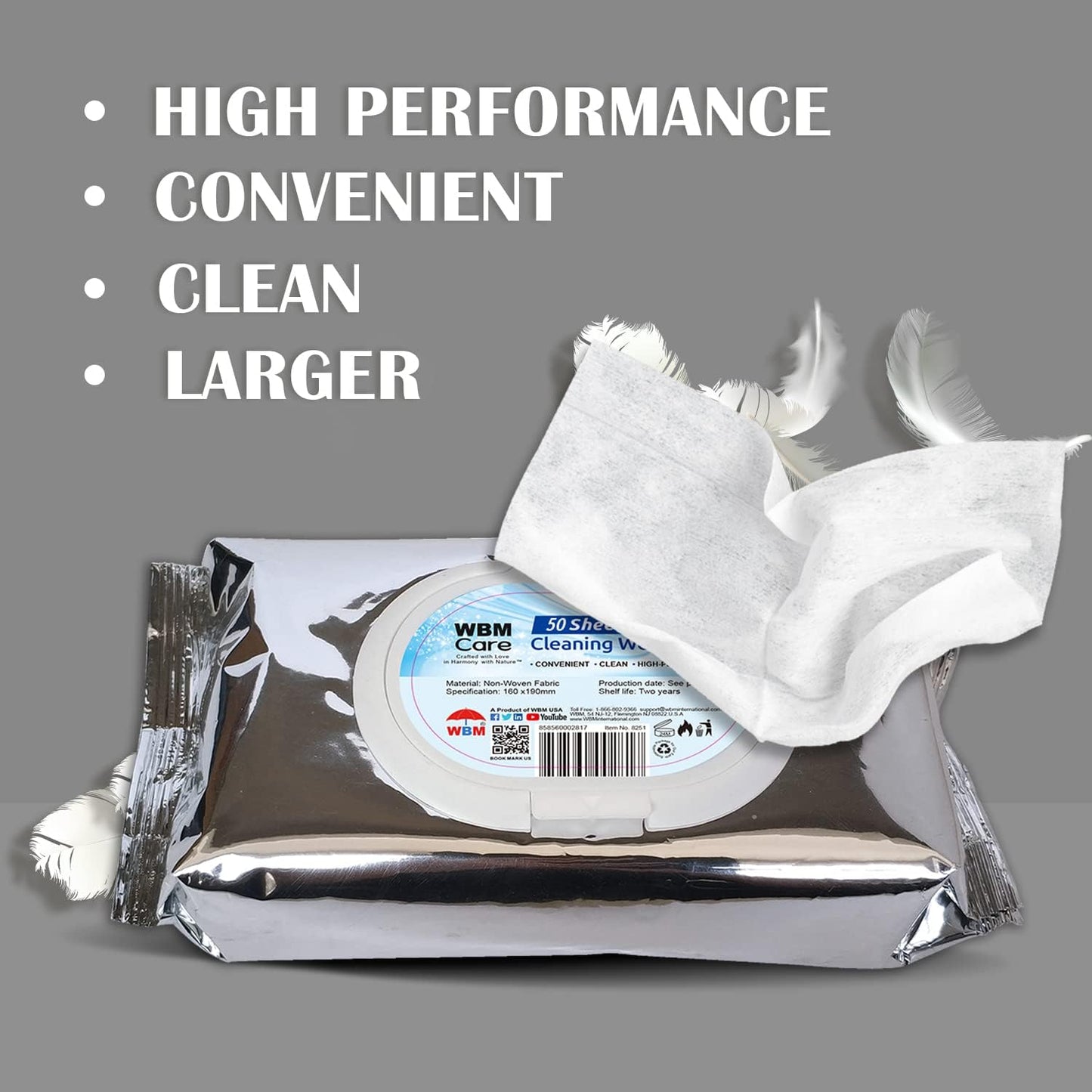 WBM Care Cleaning Wipes, Thick & Strong for Easy Cleaning, Flip Top Dispenser, Unscented and Convenient, For all Types of Surfaces, Wet Wipes, 50 Sheets (Pack of 3) (8251A-3PCS)