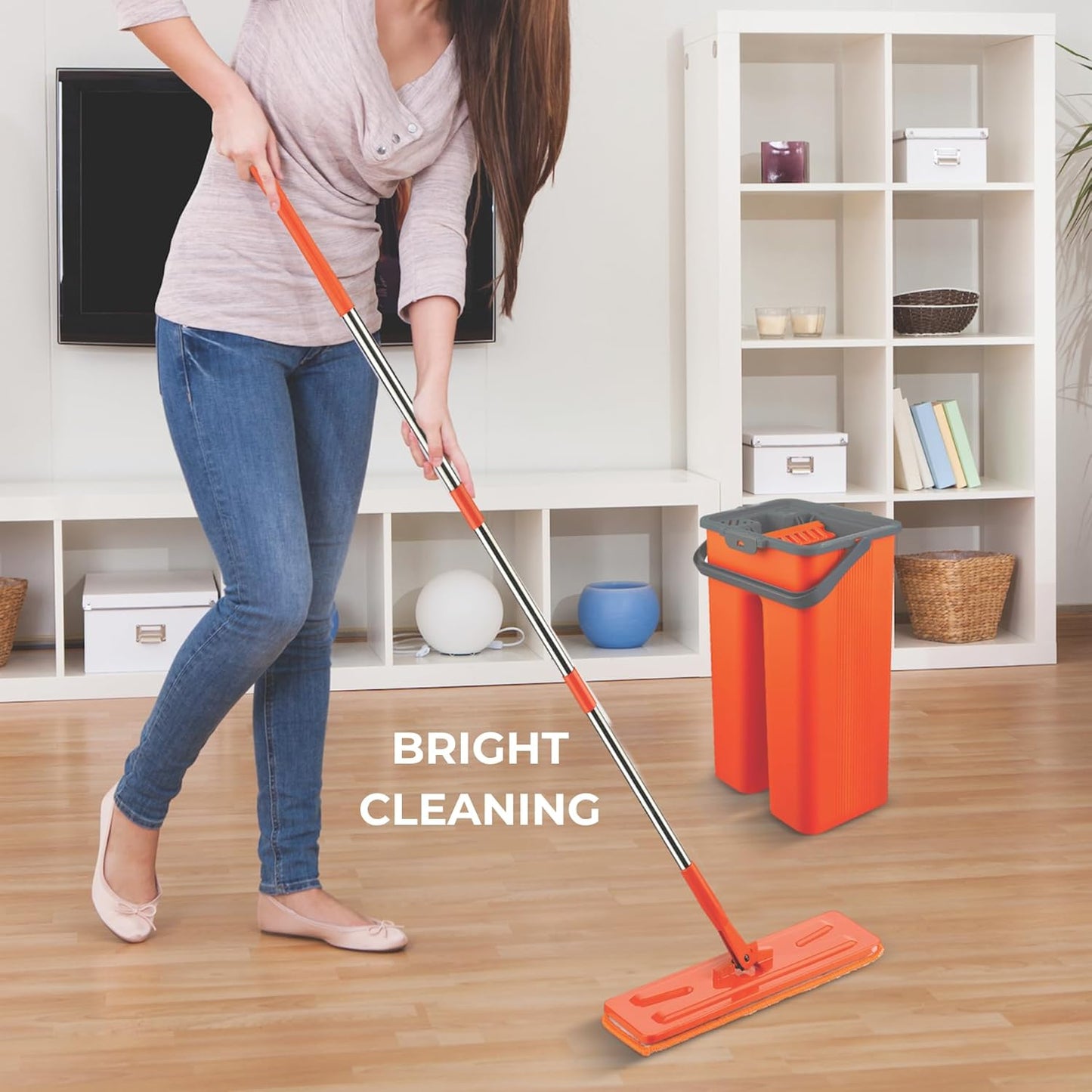 Macromax Flat Mop and Bucket Set – 100% Microfiber Mop with Dual Wet & Dry Use – Slim Design for Corners & Under Furniture – Easy-Squeeze Bucket for Hardwood, Tile & Laminate Floors