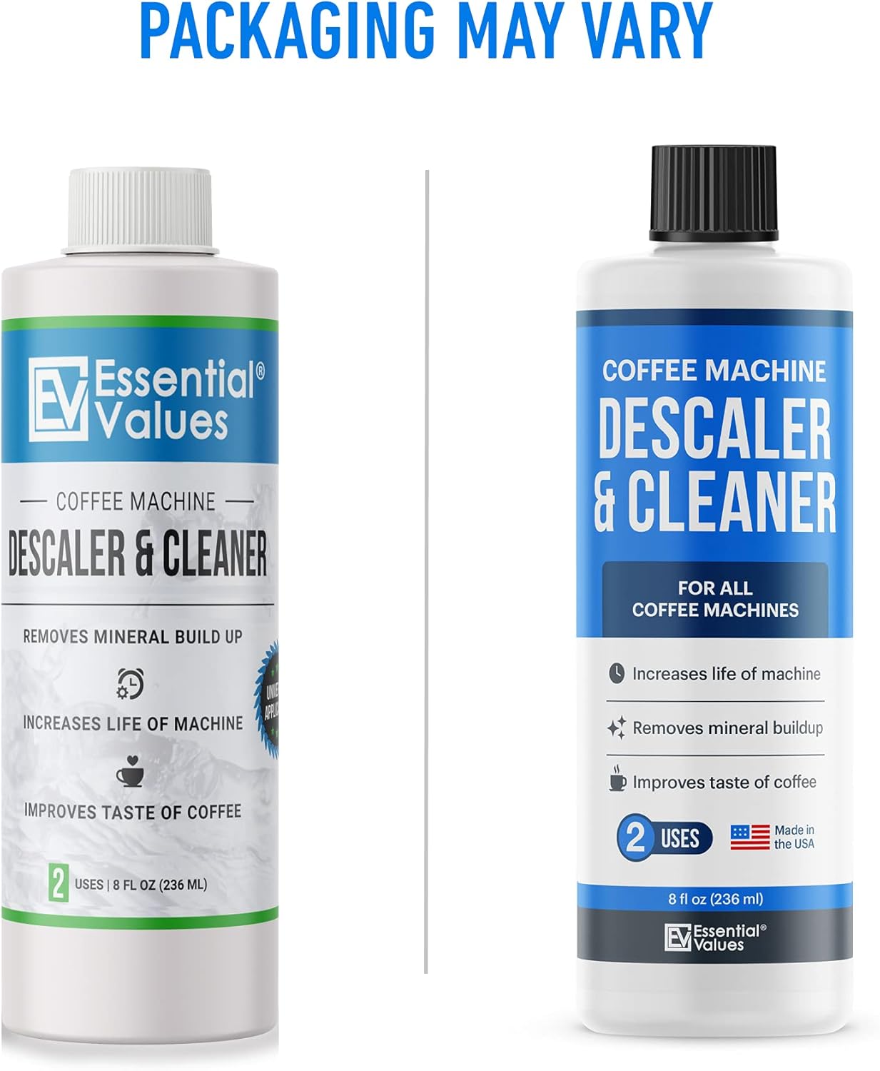 Essential Values Descaling Solution (8 fl oz / 236 ml) – Coffee Maker Cleaner for Nespresso, Keurig, Breville & More – Works on All Machines & Espresso Makers – Made in USA