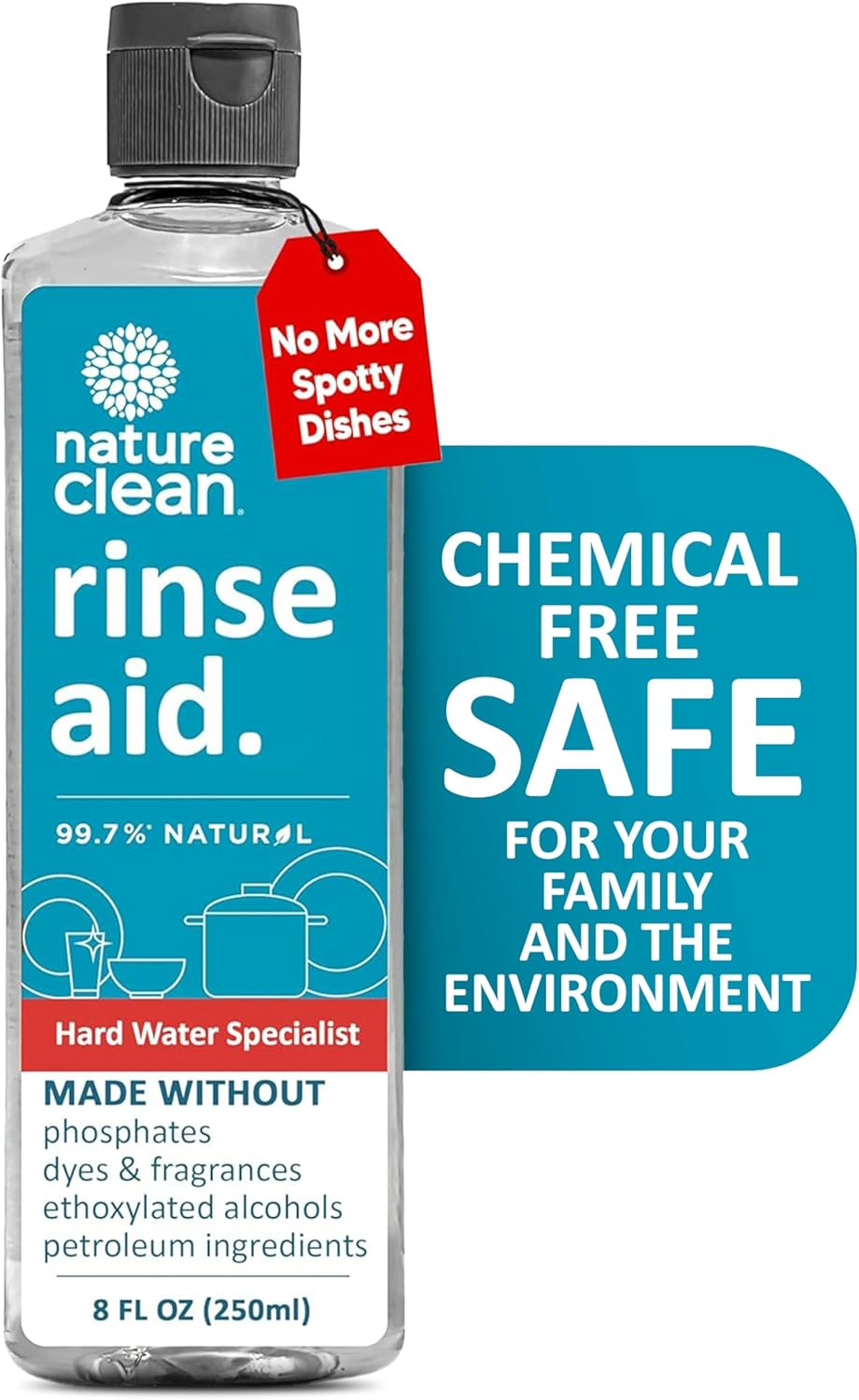 Nature Clean All Natural Dishwasher Rinse Aid Cleaner, Liquid Dishwasher Rinse Agent Spot-Free Glass & Cutlery in Hard Water, Non-Toxic Dish Washer Drying Agent & Stain Remover, 8 oz/250ml, Pack of 1