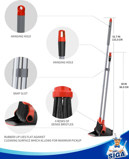 MR.SIGA Broom and Dustpan Set with Adjustable Long Handle, Upright Combo for Floor, Cleaning Lobby, Gray