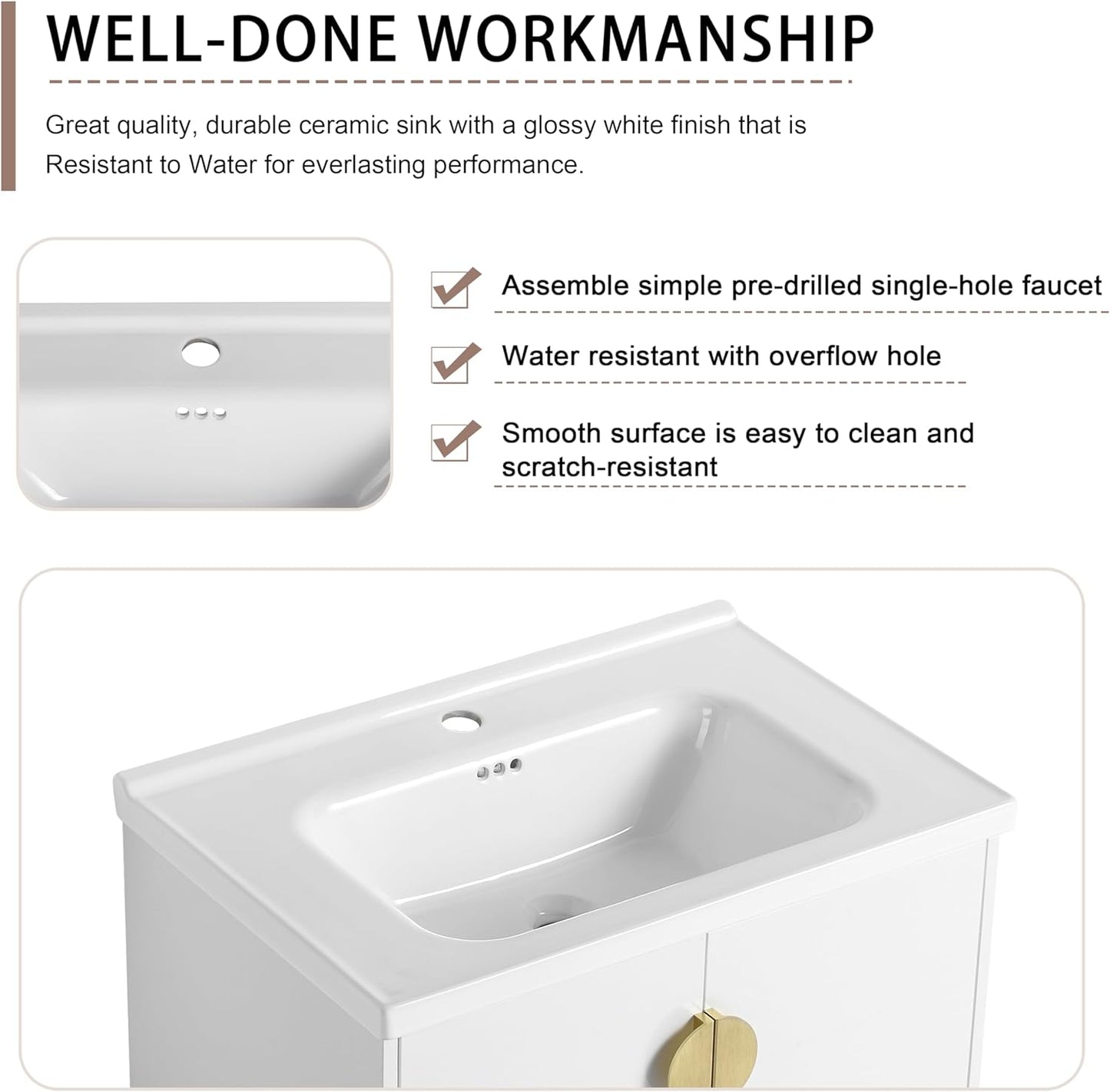 SSLine Modern 24-Inch Bathroom Vanity with Sink Wall Mounted Bathroom Vanity with Top Basin & Storage Cabinet White Wood Floating Vanity w/Ceramic Sink & Gold/Black Handles for Small Space