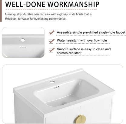 SSLine Modern 24-Inch Bathroom Vanity with Sink Wall Mounted Bathroom Vanity with Top Basin & Storage Cabinet White Wood Floating Vanity w/Ceramic Sink & Gold/Black Handles for Small Space