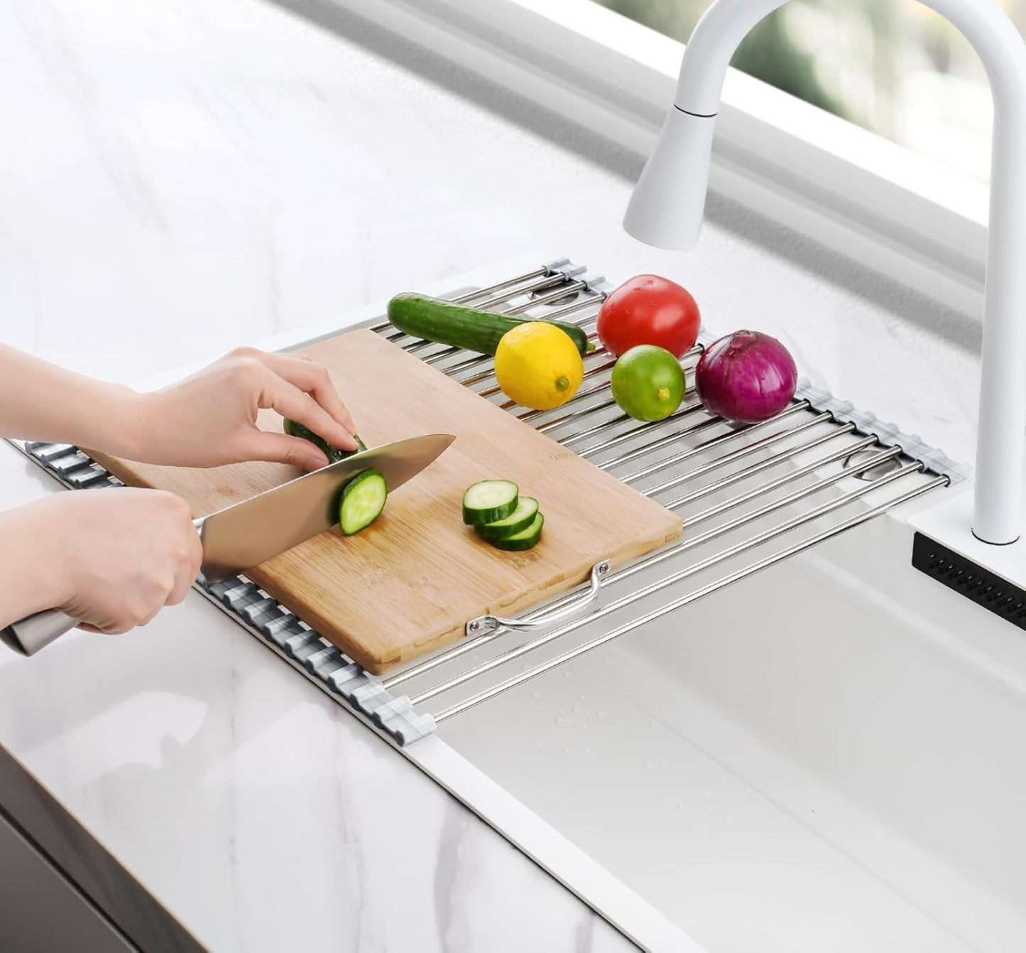 Tomorotec 17.7" x 15.5" Roll Up Dish Drying Rack Over Sink Drying Rack Sink Cover Kitchen Sink Accessories Gadget Multipurpose Organizer Foldable Stainless Steel Drainer (Grey)