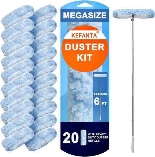 KeFanta Duster Refill Kit with 6 ft Super Extendable Handle Compatible with Swiffer, 360° Disposable Microfiber Dusting Pads for Home Cleaning, Ceiling, Fan, Window, Hard-to-Reach Areas, 20Pcs