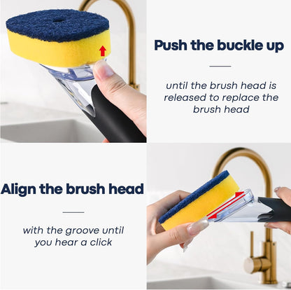 Dish Brush with Soap Dispenser Storage Set with 2 PCS Sponge Refills & Holder, Soap Dispensing Dish Brushes, Sponge with Soap Dispenser Handle, Dish Sponges with Handle for Dishes Pans Pots Sink