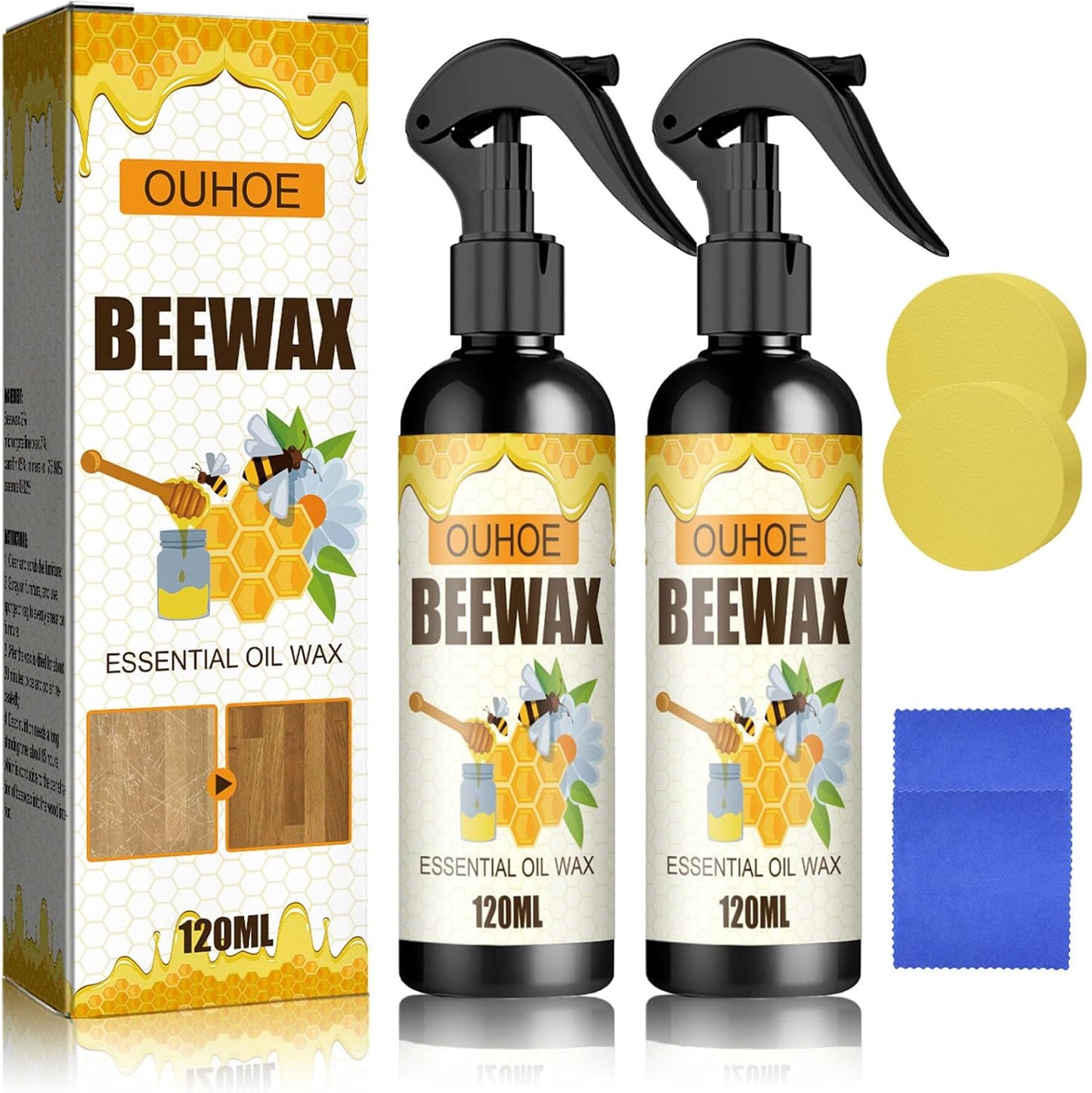 2PCS Natural Beeswax Spray, Beeswax Spray Cleaner, Beeswax Furniture Polish, The Original Beeswax Spray, Wood Seasoning Beewax For Furniture Floor, for Furniture, Floor, Tables, Cabinets