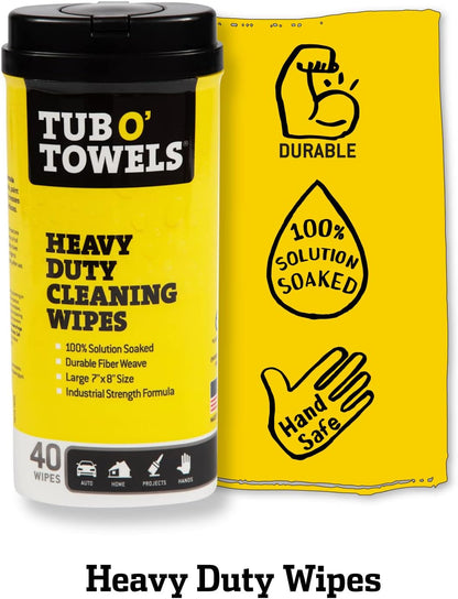 Tub O' Towels Heavy-Duty Multi-Surface Cleaning Wipes, 10" x 12", 90 Count Canister, Removes Grease, Grime, Tough Stains, Durable Disposable Wipes for Home, Garage, Outdoor Cleaning Tasks, 2-Pack