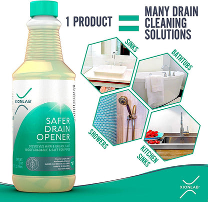XionLab Safer, Greener Drain Clog Remover – Industrial-Strength Liquid Drain Cleaner for Hair & Grease – Septic Safe, Odorless, Biodegradable for Bathroom Sink, Bath Tub, & Shower Drain – 32 oz