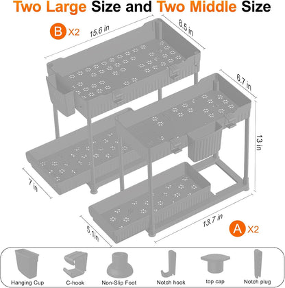 Sevenblue 4 Pack Under Sink Organizer, Bathroom Organizers and Storage, 2 Tier Multi-Use Pull Out Cabinet Organizer with Hang Hooks and Cups (Black, 4 Pack)