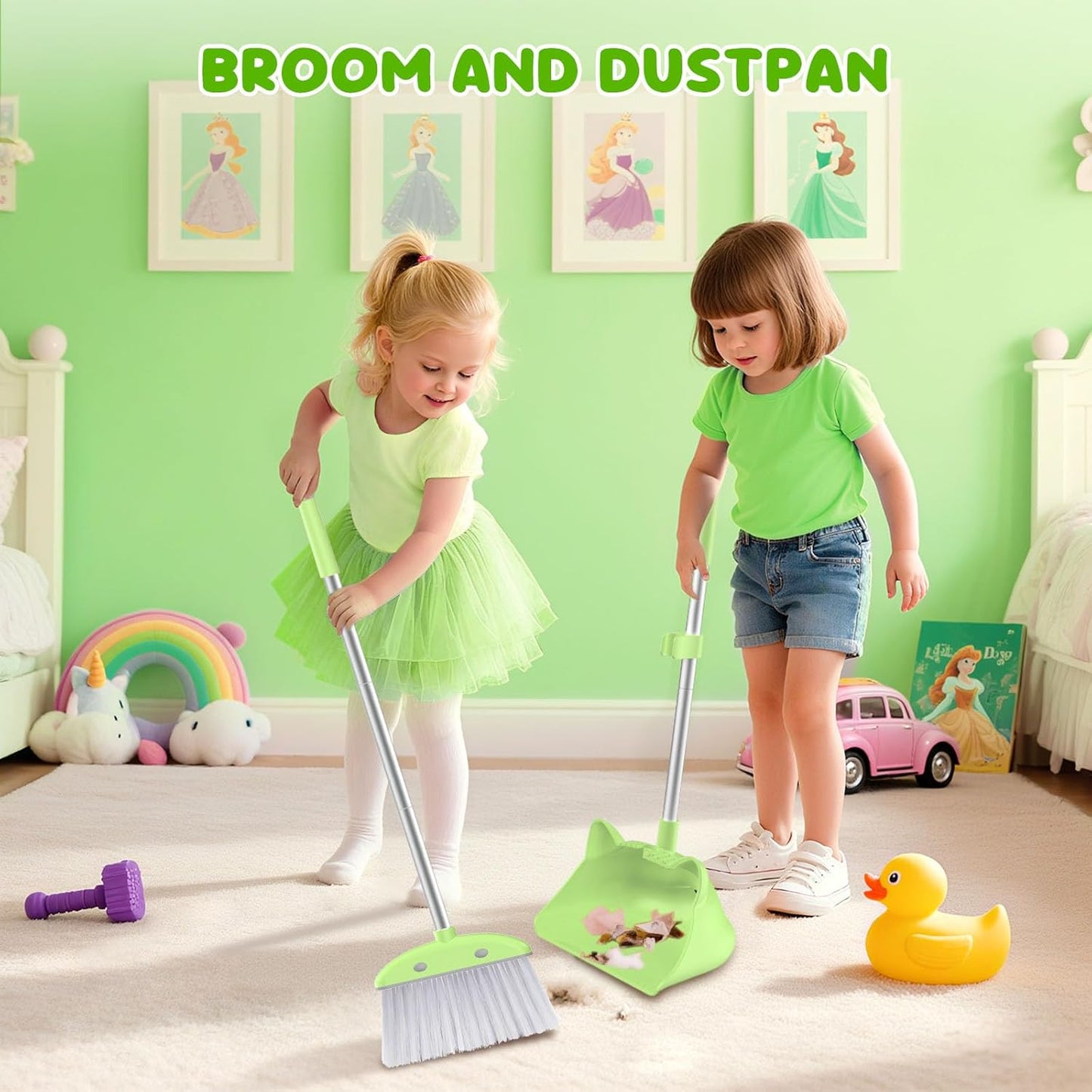 Mini Broom with Dustpan for Kids, 28-in Handle Kids Broom and Dustpan Set for Toddlers Cat-Shaped Children Broom and Cleaning Set Boys Girls Small Housekeeping Helper Set, Pink