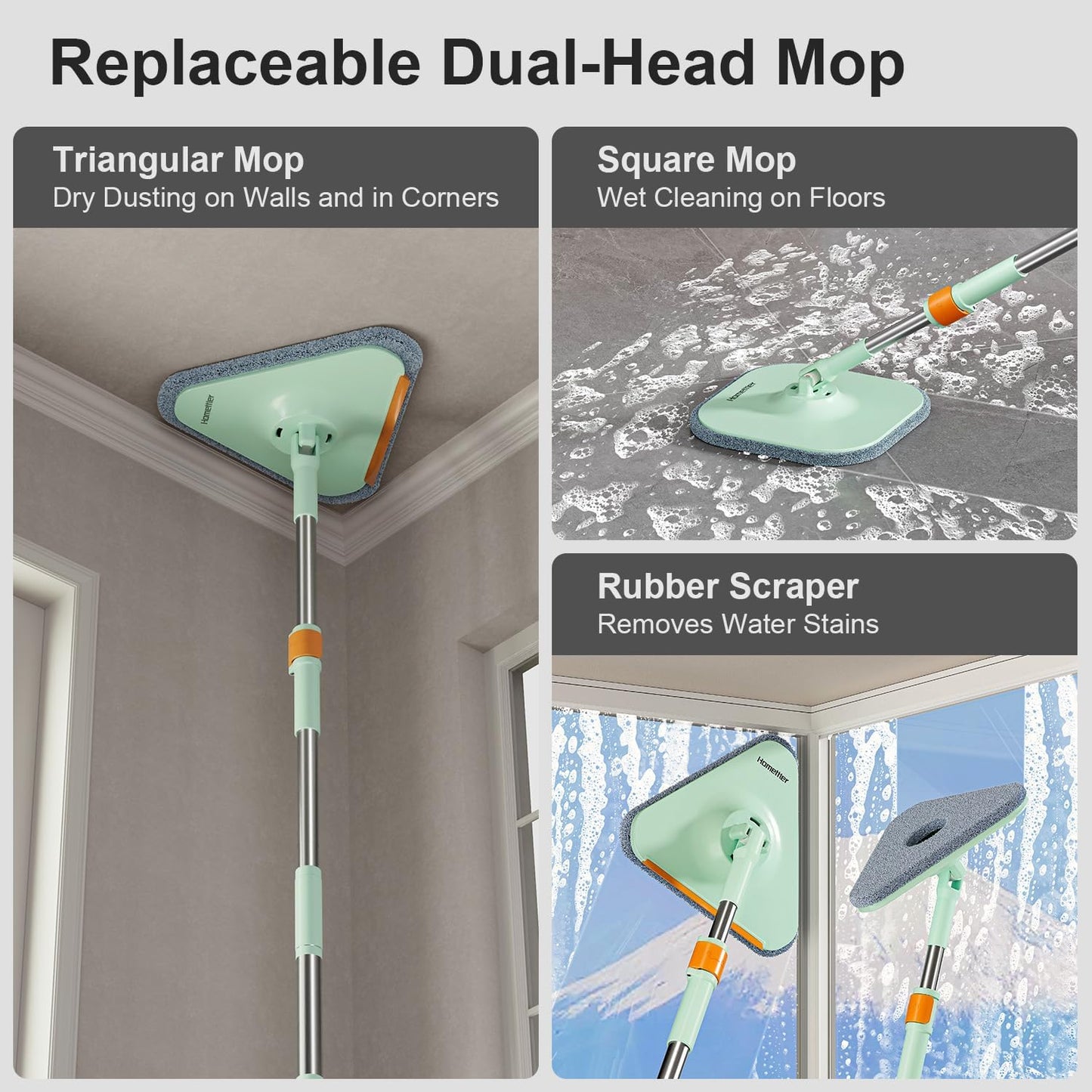 HoMettler Mop and Bucket Set | Spin Mop with Dual-Tank Clean/Dirty Water Separation | 4 Microfiber Pads for Deep-Cleaning Floors | Versatile Mops Triangular Head for Walls