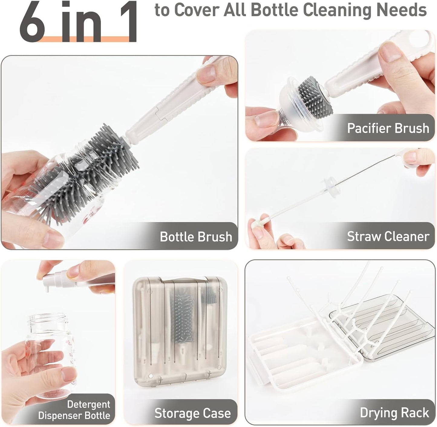 Baby Bottle Brush Set, 6-in-1 Travel Bottle Cleaner Kit with Silicone Bottle Brush, Nipple & Straw Brush, Soap Dispenser, Drying Rack, Storage Box – Compact Baby Travel Essential for Home & On-The-Go