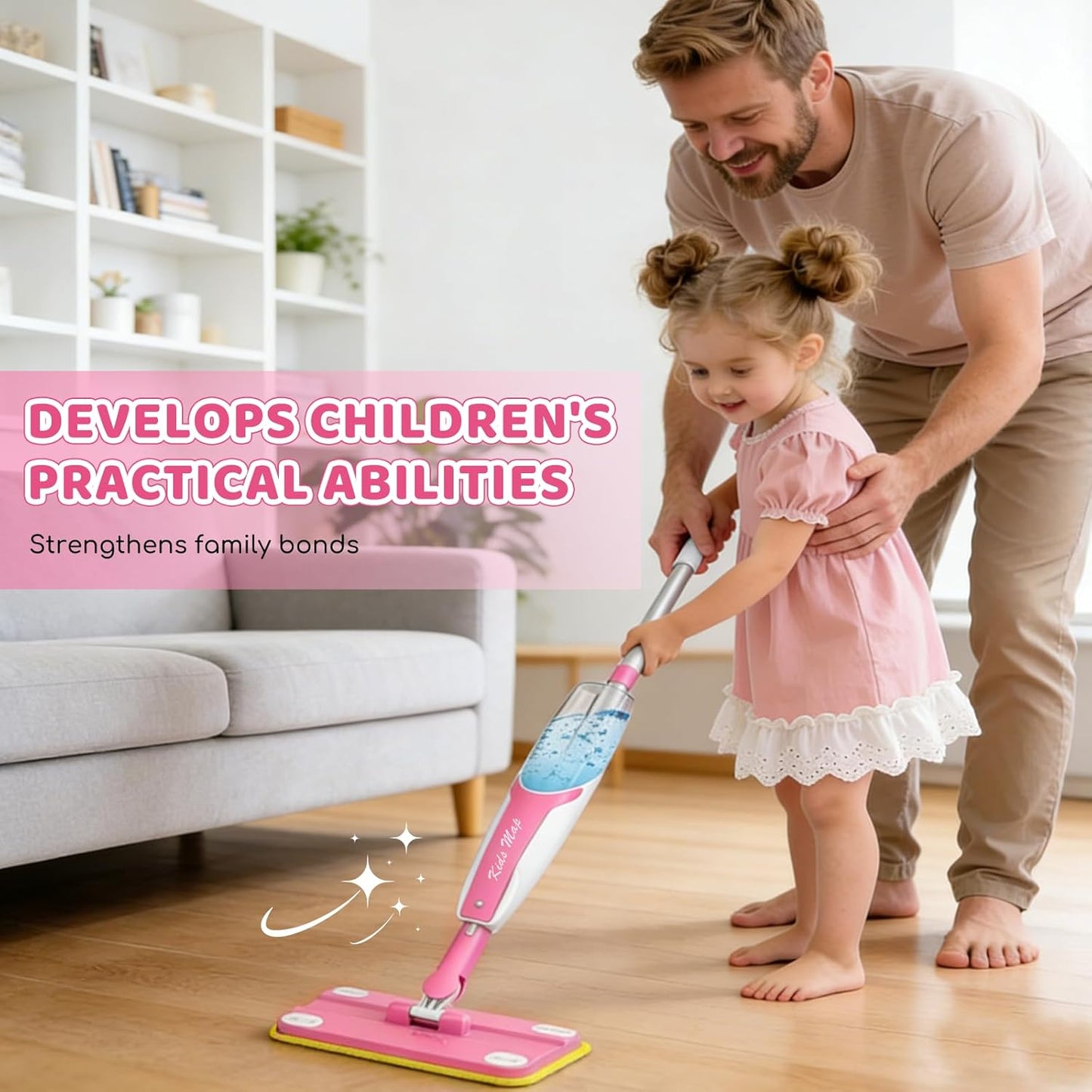 Kids Spray Mop - 30 Inch, 420ml Large Water Tank, Effective Cleaning Tool & Fun Montessori Toy, Pretend Play Housekeeping Set Toddlers Love (Magenta)