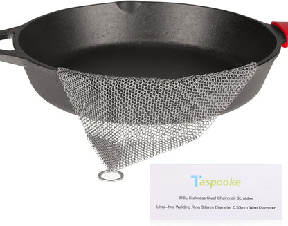 Cast Iron Cleaner and Chainmail Skillet Scrubber - 4''x4'' Upgraded 3.8mm Small Ring, 316L Stainless Steel Fine Rings - Durable Scraper for Skillets, Pans, Griddles & Containers