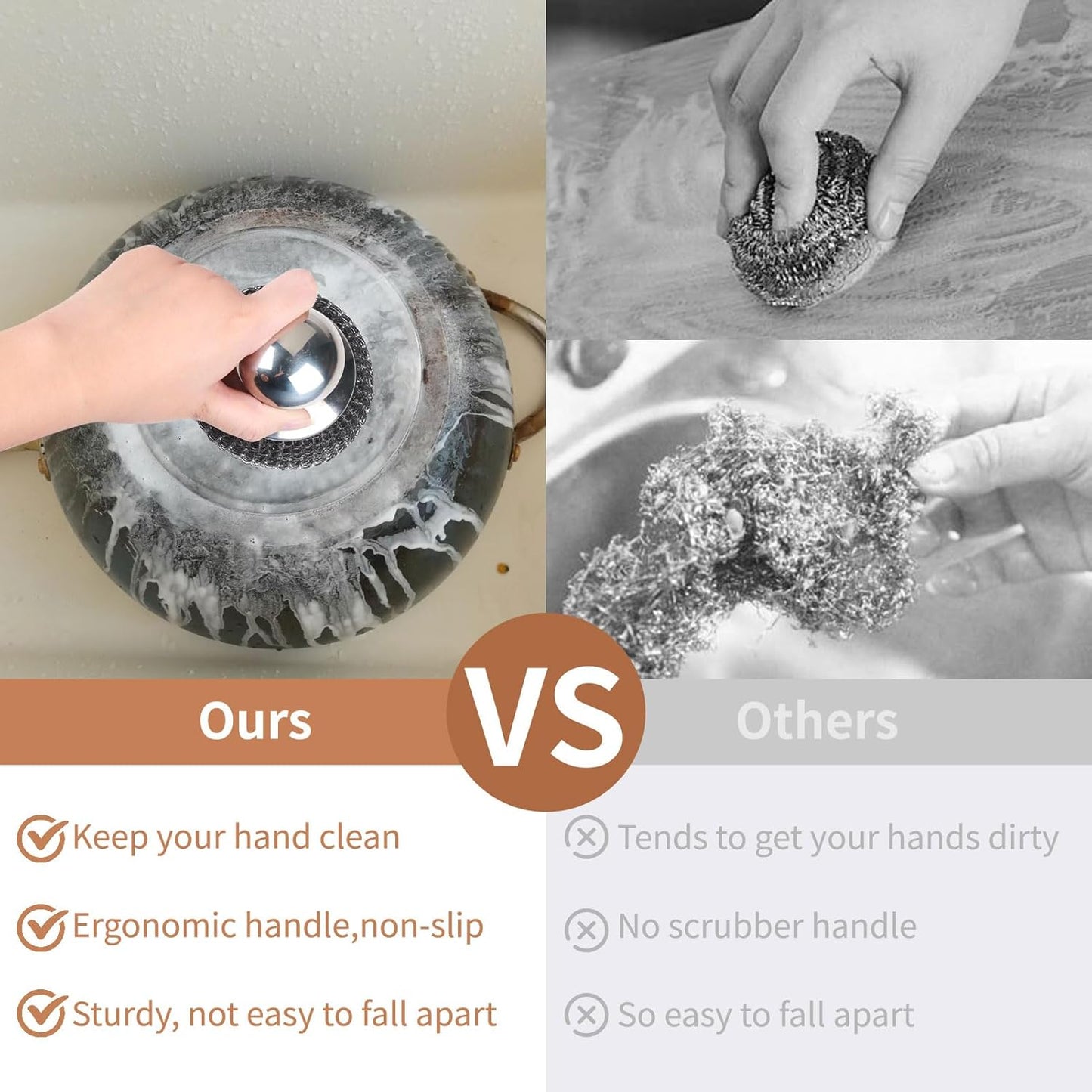 4pcs Steel Wool Scrubber with Replacement Wire Sponge Pads Set, Stainless Steel Scrubber with Handle for Scouring Stubborn Messes from Cast Iron, Pots, Pans, Grill, Stoves, Sink(2 Scrubber+2 Pads)