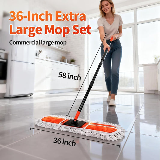 36" Large Commercial Dust Mops for Industrial Floor ，Marble, Laminate,Tile,Concrete,Garage. Janitor Broom Wide Dry mop for Hardwood ,Heavy Duty Long Handle Hotel Gym Household Cleaning Supplies