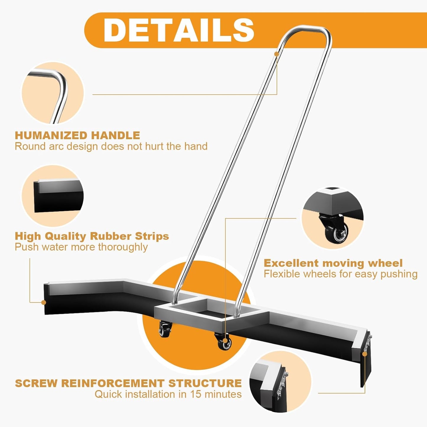 4.5FT Sport Tennis Court Squeegee Floor Squeegee Heavy Duty Commercial Squeegee for Floors with 2PCs EVA Foam Blade- Stainless Steel Silver