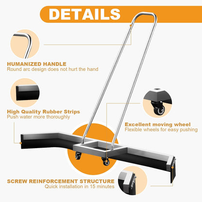 4.5FT Sport Tennis Court Squeegee Floor Squeegee Heavy Duty Commercial Squeegee for Floors with 2PCs EVA Foam Blade- Stainless Steel Silver