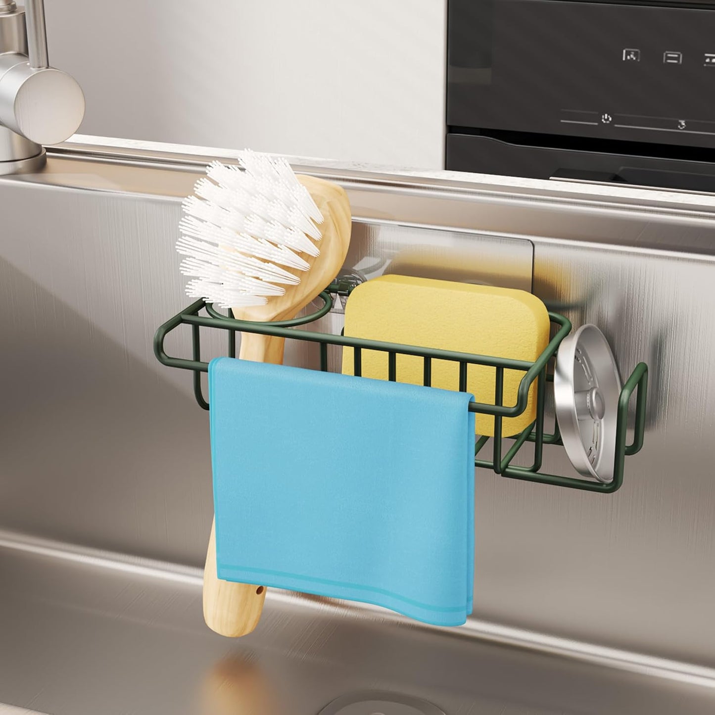 HapiRm 4 in 1 Kitchen Organizers and Storage, SUS304 Stainless Steel Brush Holder + Dish Cloth Hanger + Soap Rack + Sink Stopper Rack, No Drill Kitchen Essentials - Black