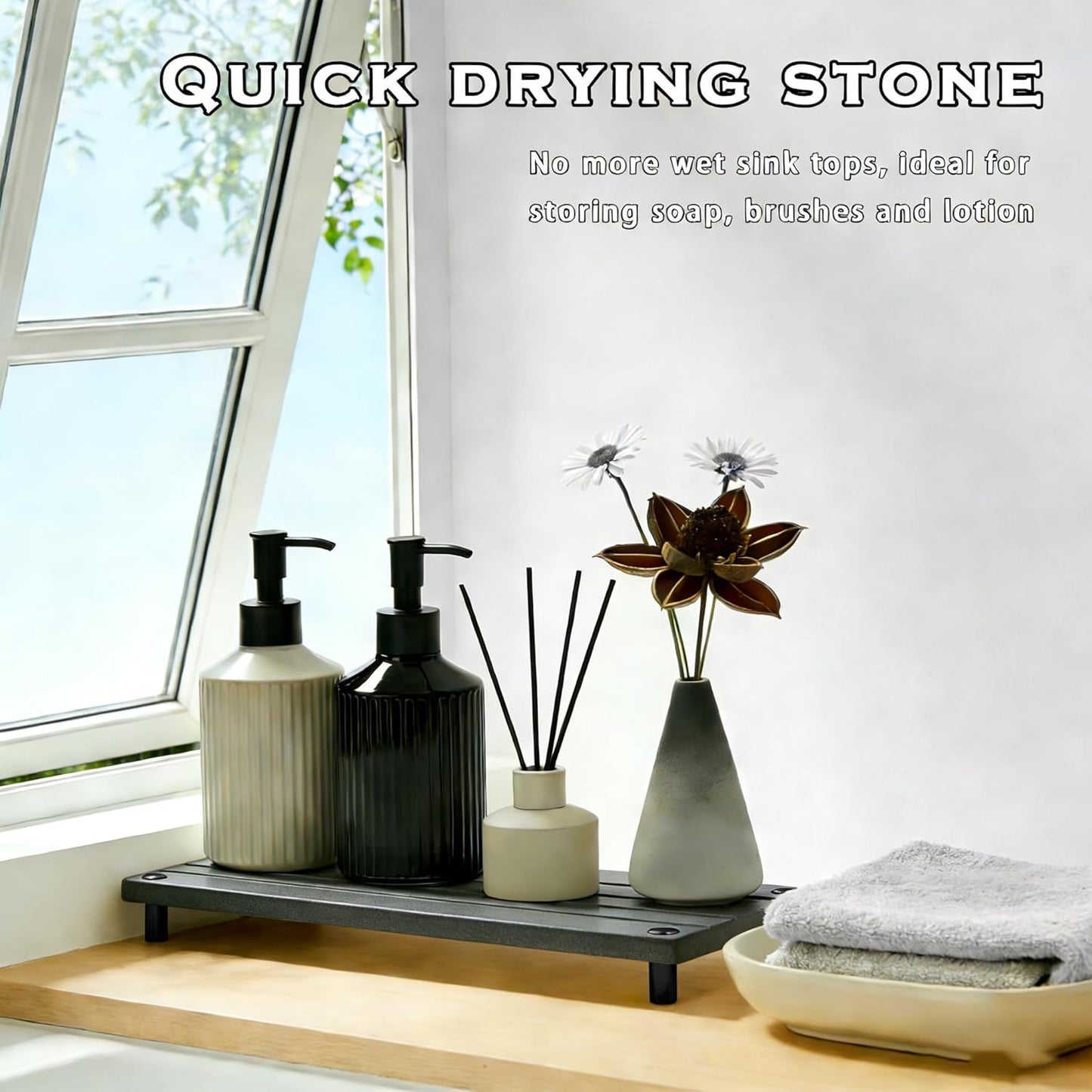 Instant Dry Sink Tray, Anti-Slip Stone Sink Caddy, Durable Kitchen Sink Organizer, Quick Dry Water Absorbing Stone Tray for Bathroom Counter, Stone Soap Tray -Dark Gray