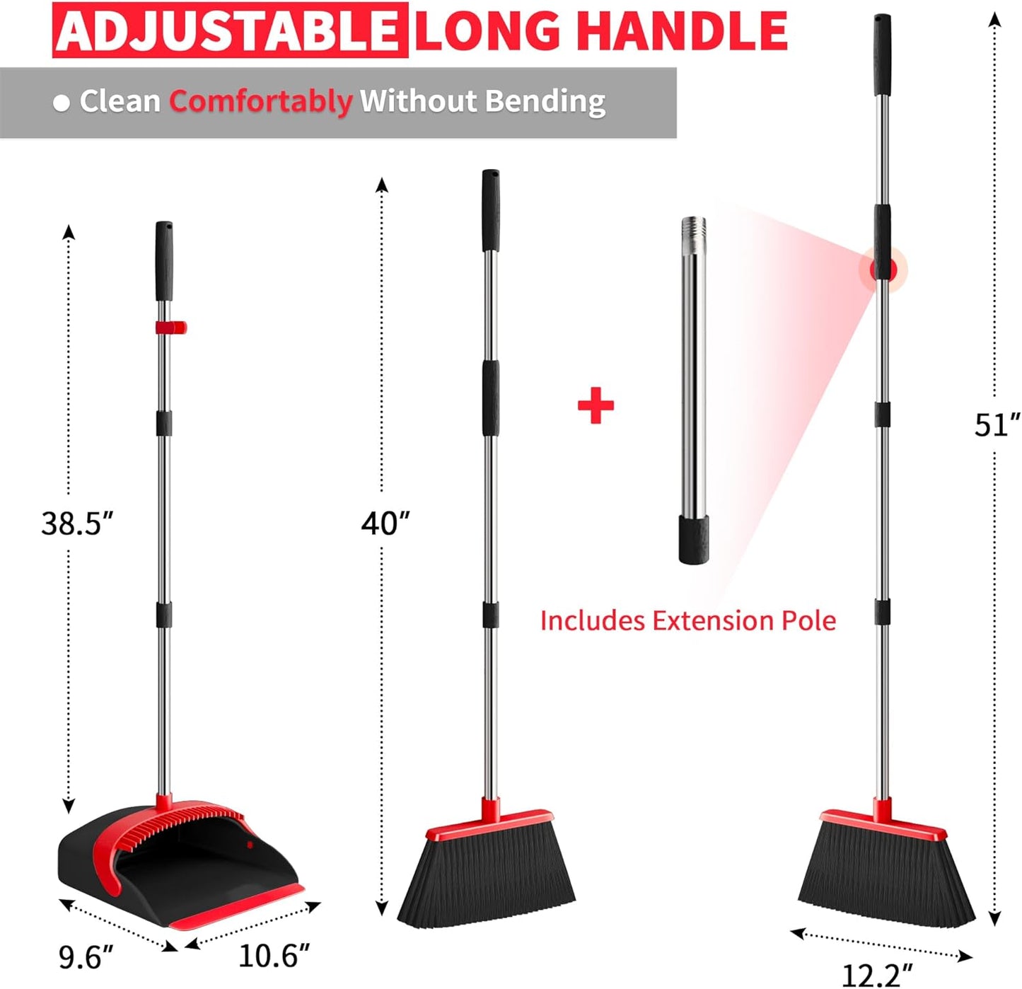 Upgraded Broom and Dustpan Set, 52" Long Handle Standing Combo with Self-Cleaning Teeth – Perfect for Pet Hair, Kitchen, Office, Home, Indoor & Outdoor Cleaning(Orange & Gray)