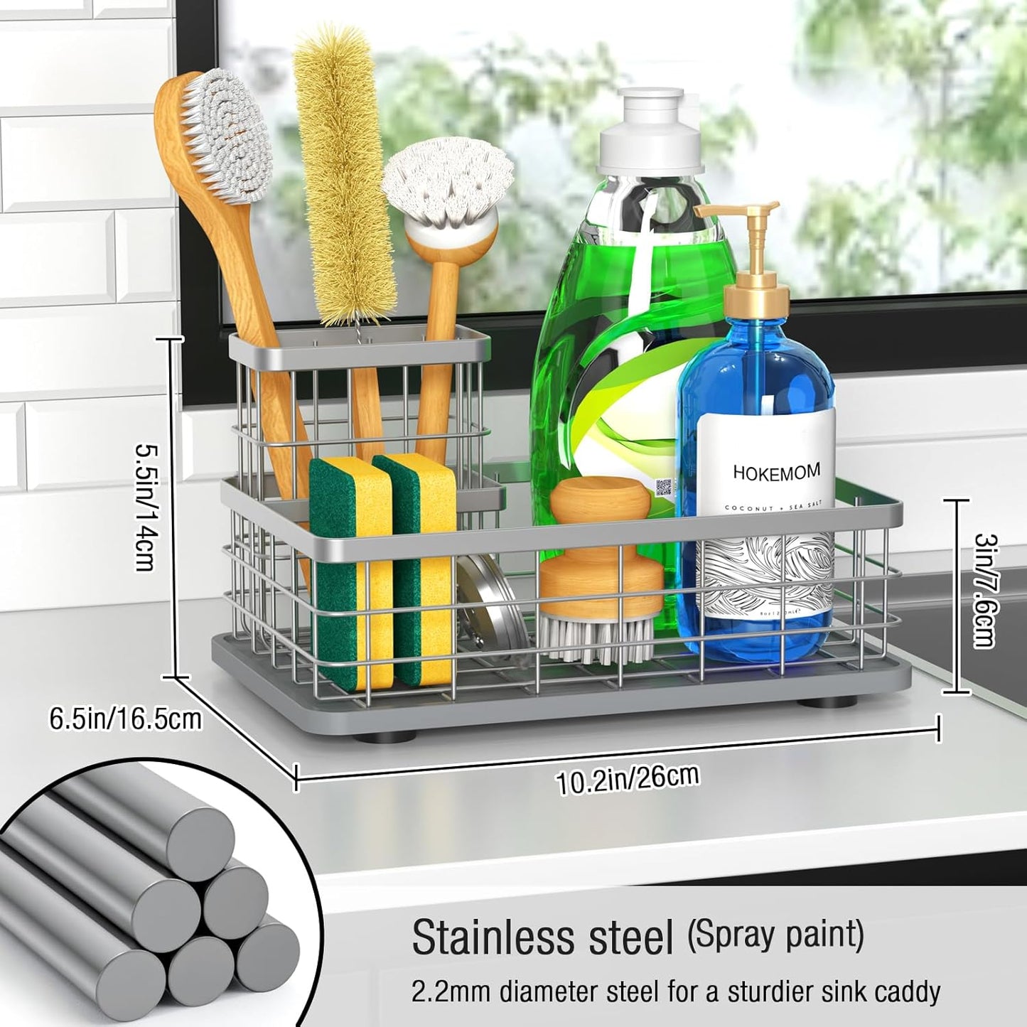 Kitchen Sink Caddy Organizer, [Stay-Dry Anywhere & No Drainage Needed] Sponge Holder for Kitchen Sink Countertop,Stainless Steel with Rust-Resistant Coating-10.24" L x 6.5" W x 5.83" H