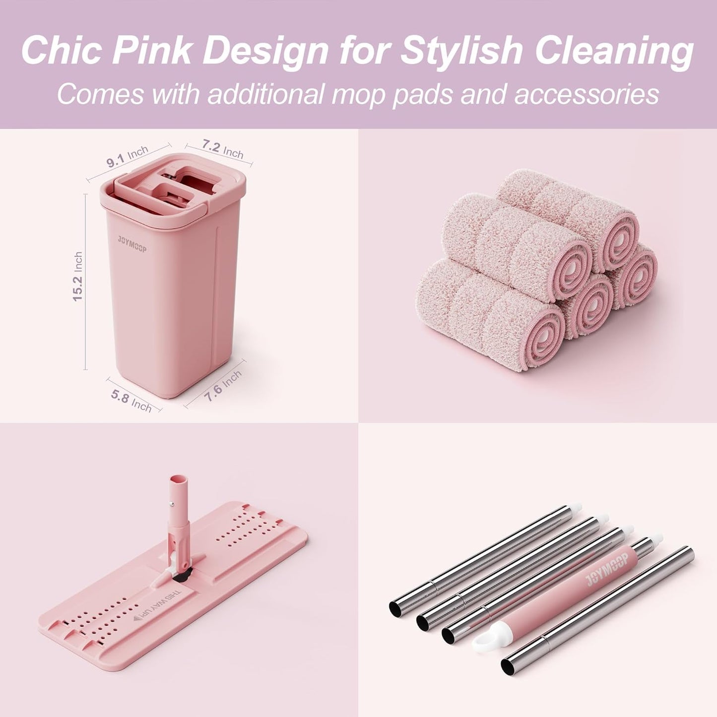 JOYMOOP Pink Mop and Bucket with Wringer Set for Home, with 3 Reusable Microfiber Mop Pads, Hands-Free Self-Cleaning System, Suitable for Floor Cleaning and Wall Cleaner