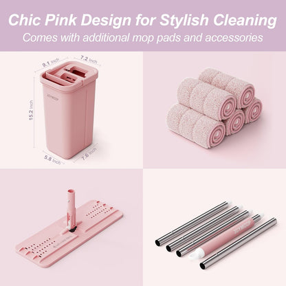 JOYMOOP Pink Mop and Bucket with Wringer Set for Home, with 3 Reusable Microfiber Mop Pads, Hands-Free Self-Cleaning System, Suitable for Floor Cleaning and Wall Cleaner