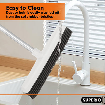 Rubber Bristle Broom for Hardwood Floors, Tiles, Carpets, Wood, and Vinyl Salon Broom, Rubber Squeegee Broom, Rubber Rake for Human Hair, Pet Hair, Fur, Lint, Liquid, Grey, by Superio (Head Only)