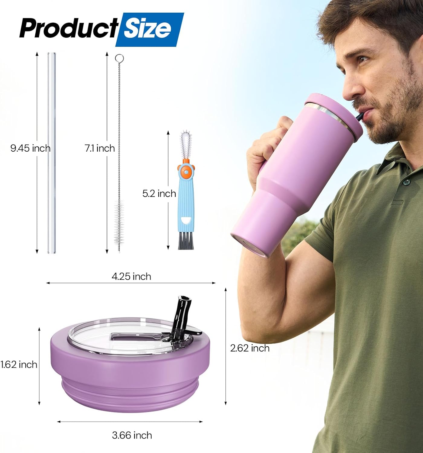 40 Oz Tumbler Flip Straw Lid Compatible with Stanley Quencher Cup, Anti Spill Replacement Cup Covers, Durable Silicone Leak Proof Lids with Cleaning Brush Set for Travel Storage
