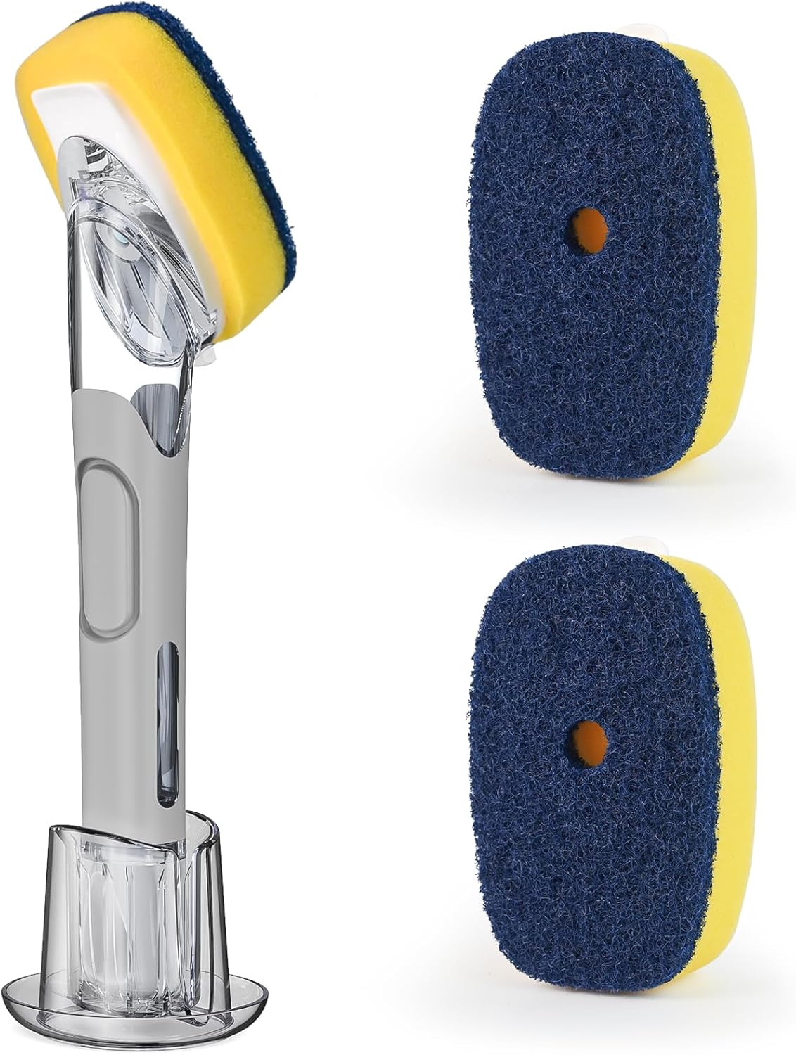 Dish Brush with Soap Dispenser Storage Set with 2 PCS Sponge Refills & Holder, Soap Dispensing Dish Brushes, Sponge with Soap Dispenser Handle, Dish Sponges with Handle for Dishes Pans Pots Sink