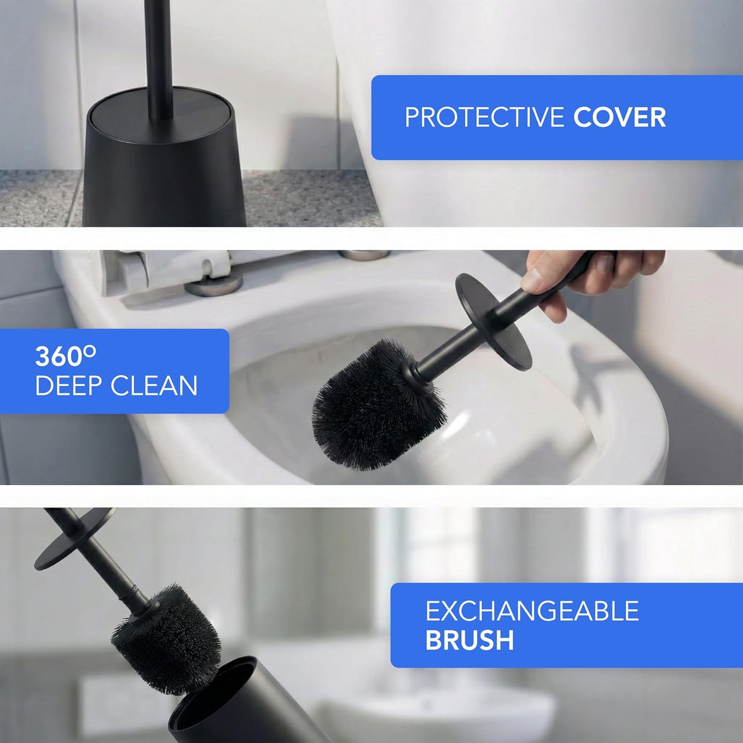 Bamodi Toilet Brush and Storage Stand - Dense PP Brush Head with Holder - Efficient Stain and Odour Removal - Modern Design and Space-Saving - Keeps Toilet Bowl Spotless - 15.27x4.40x4.40 Inch, Black