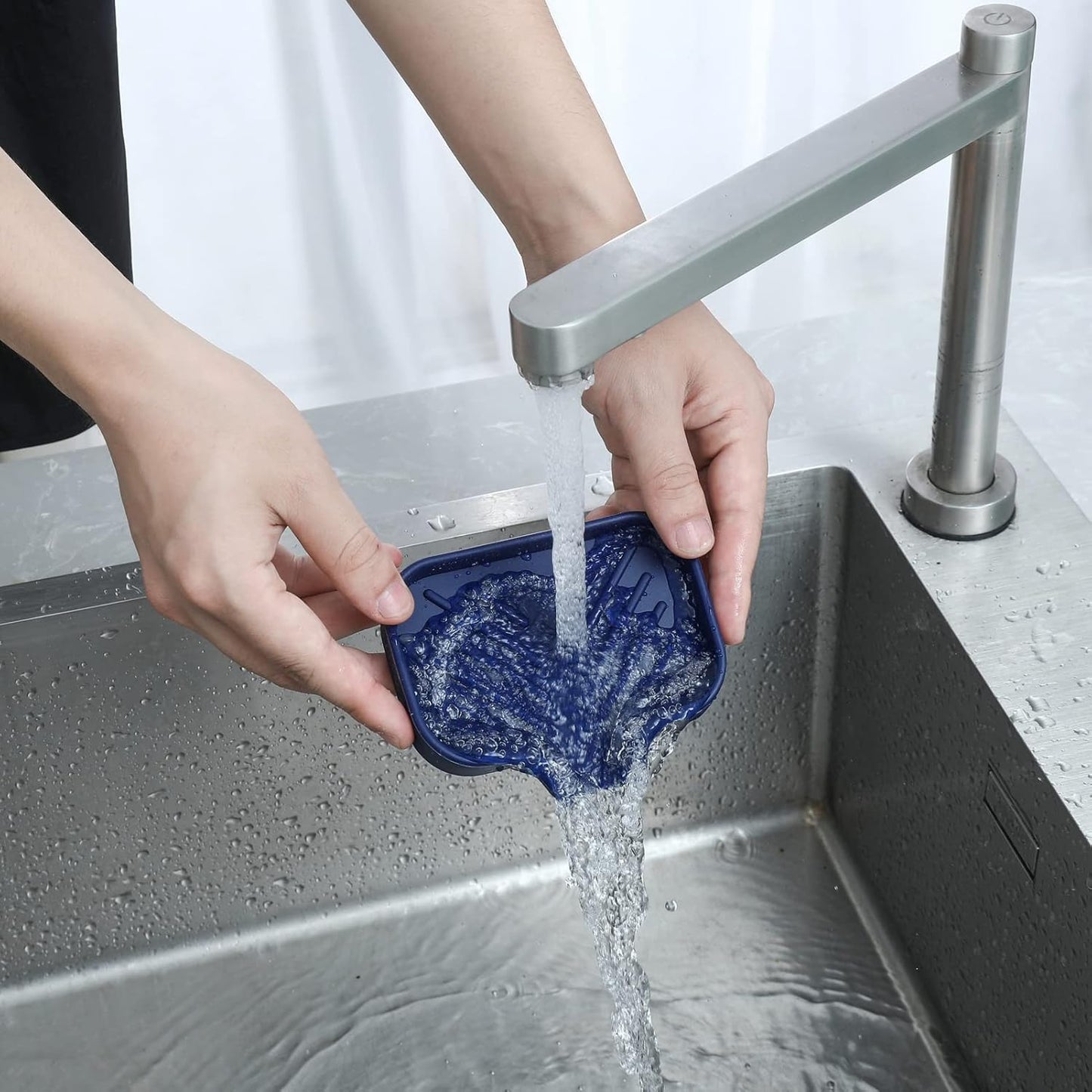MicoYang Silicone Bathroom Soap Dishes with Drain Spout-Bathroom and Kitchen Sink Organizer,Sponge Holder,Dish Soap Tray,Perfect for Dispenser,Scrubber,Bottle,Cup on Sink or Counter-Black 4.9"×3.2"