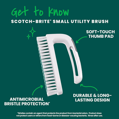 Scotch-Brite Handy Brush, Small and Durable Dish Brush with Handle for Scrubbing Hard-to-Reach Cookware, Tubs, Sinks, Car Tires, and More without Scratching, Antimicrobial, and Rinses Clean