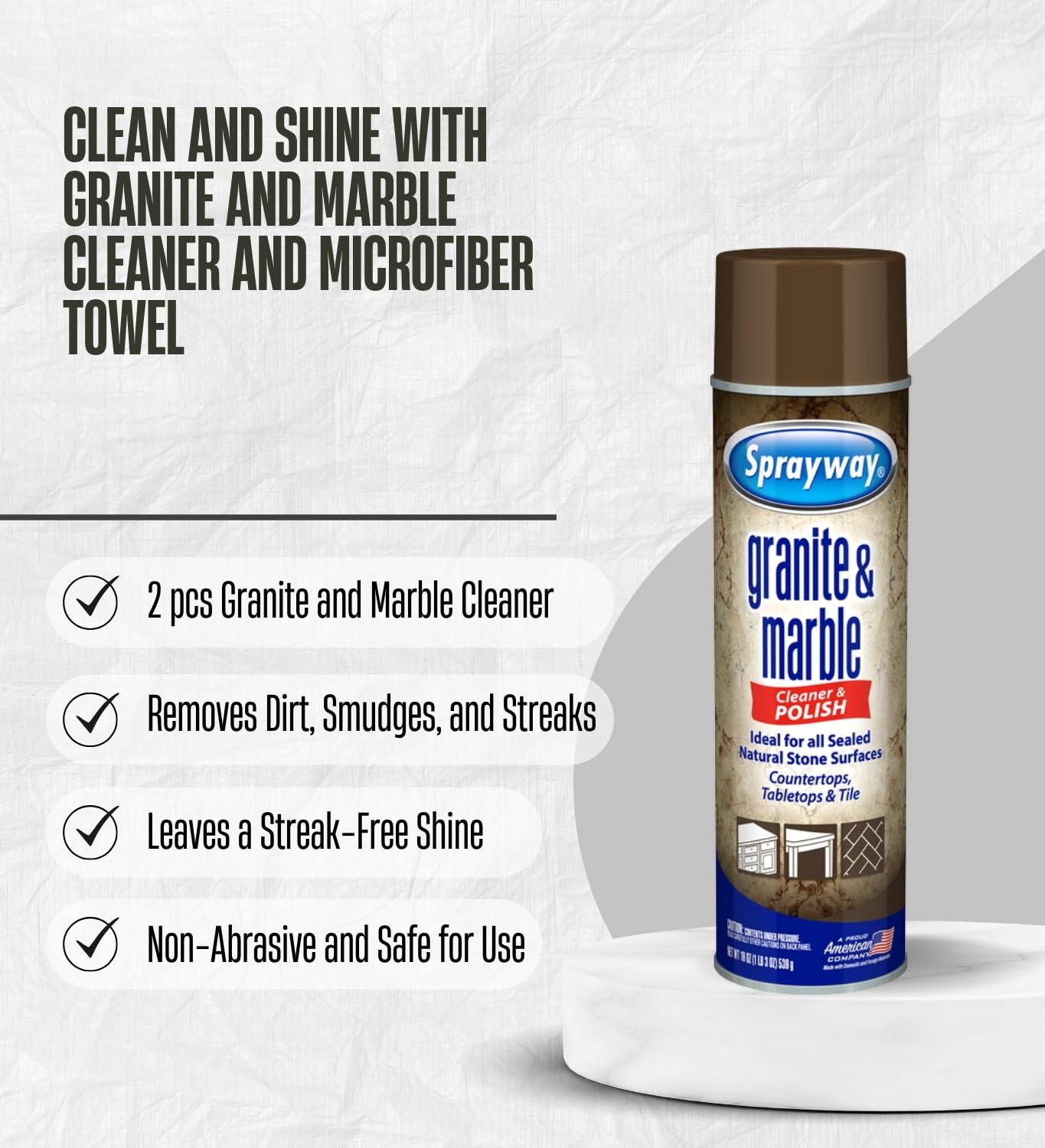 2x Sprayway Granite and Marble Cleaner 19 oz Spray Bundle with Microfiber Cloth – Cleans and Polishes Natural Stone Surfaces – Granite Countertop Cleaner – Gift Set (3 Items)