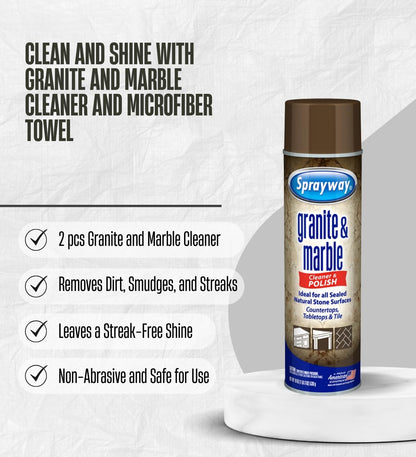 2x Sprayway Granite and Marble Cleaner 19 oz Spray Bundle with Microfiber Cloth – Cleans and Polishes Natural Stone Surfaces – Granite Countertop Cleaner – Gift Set (3 Items)