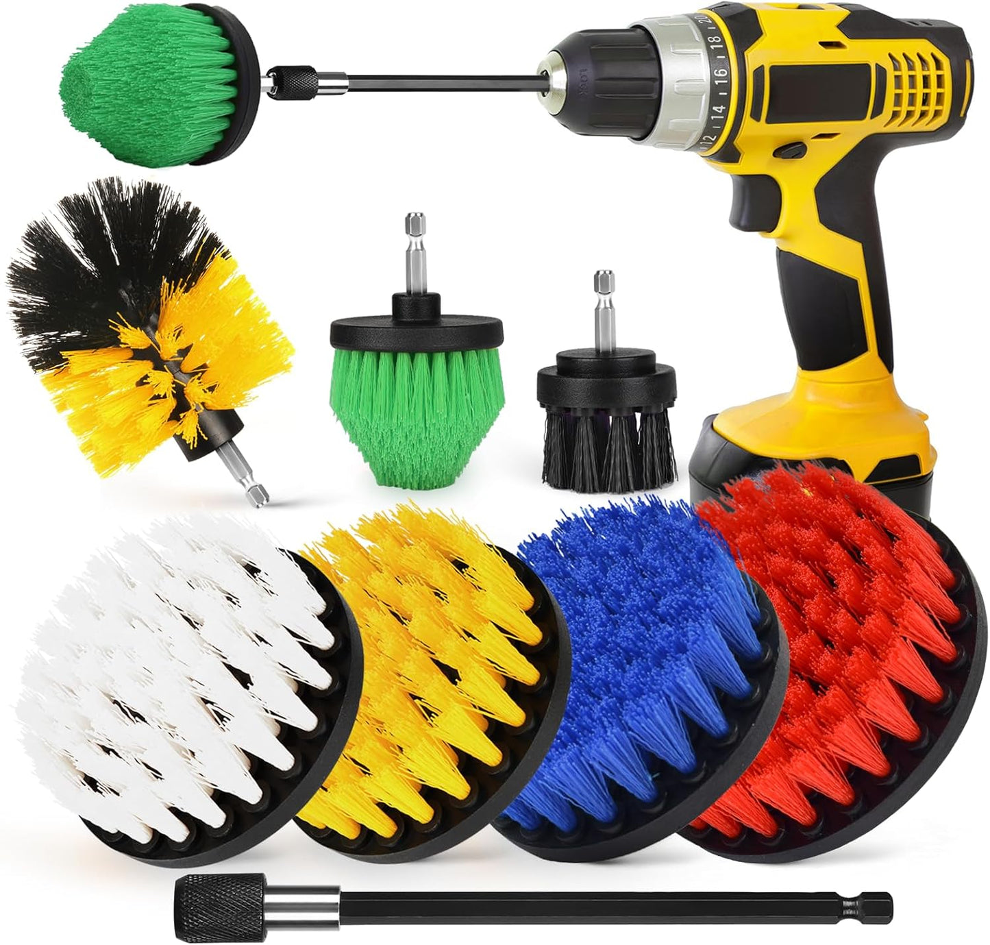 8 Pack Drill Brush Attachment Set,1/4in Power Scrubber Brush + Extend Long Rod, Power Cleaning Scrub Brush for Bathroom, Tub, Tile, Floor, Grout, Boat(White)