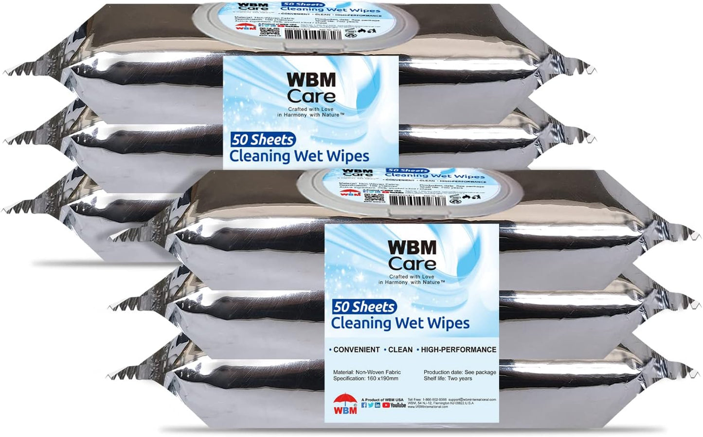 WBM Care Cleaning Wipes, Thick & Strong for Easy Cleaning, Flip Top Dispenser, Unscented and Convenient, For all Types of Surfaces, Wet Wipes, 50 Sheets (Pack of 3) (8251A-3PCS)