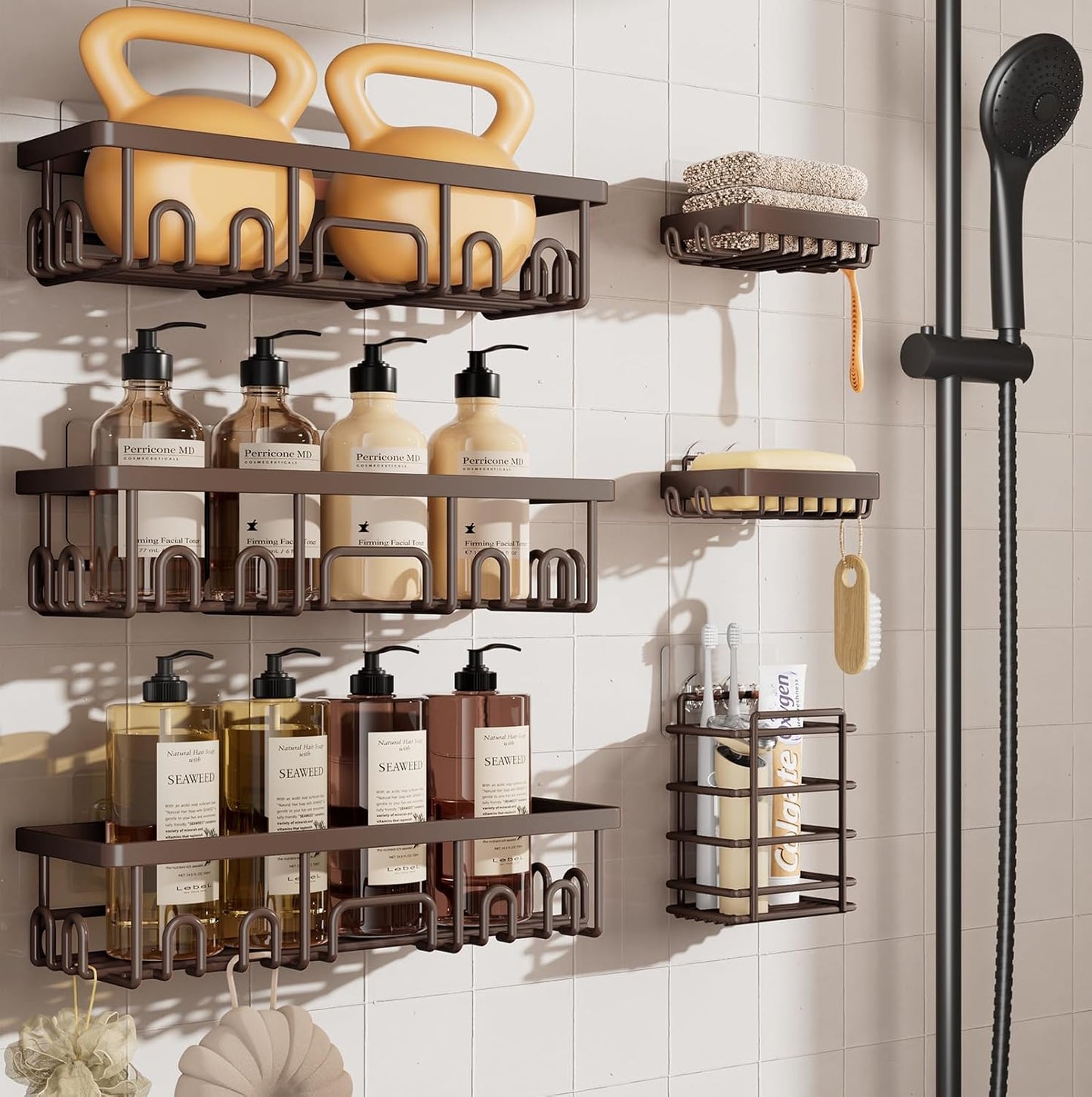 Veken Shower Caddy 6-Pack, Advanced Rustproof Design, No Drilling Adhesive Shelves, Rack with Soap Holder, Large Capacity Bathroom Organizers and Storage, Wall-Mounted, Gifts for Women Mom
