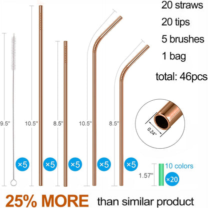 20 Pack Reusable Stainless Steel Metal Straws,10.5" & 8.5" Reusable Drinking Straws with 20 Silicone Tips 5 Straw Brushes 1 Travel Case,Eco Friendly Extra Long Metal Straw Fit for 20 24 30 oz Tumbler