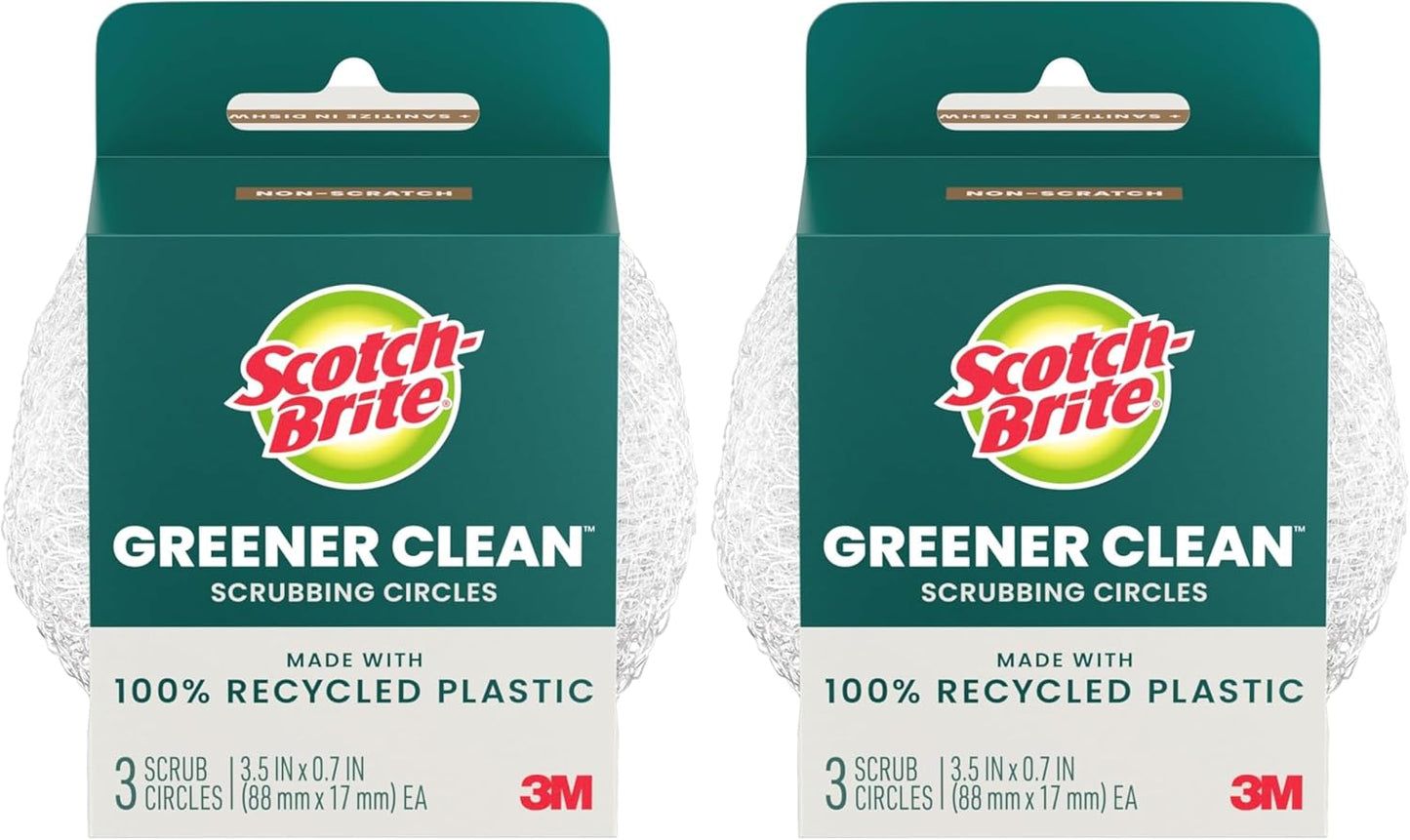 Scotch-Brite Greener Clean Recycled Scrubbing Circles, 3 Dish Scrubbers for Cleaning Kitchen & Scrubbing Fruits or Veggies, Safe on Nonstick Pots and Pans, Glassware