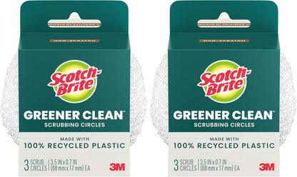 Scotch-Brite Greener Clean Recycled Scrubbing Circles, 3 Dish Scrubbers for Cleaning Kitchen & Scrubbing Fruits or Veggies, Safe on Nonstick Pots and Pans, Glassware