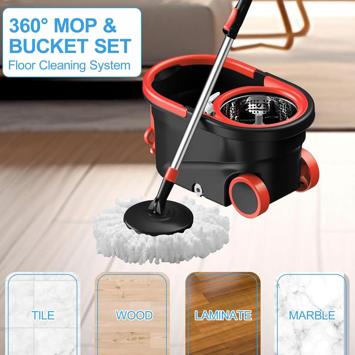 Spin Mop and Bucket with Wringer Set, 360° Rotating Head Mop Bucket System with 3 Microfiber Mop Refills Wet and Dry Suitable for Office and Home Use, Green (Green)