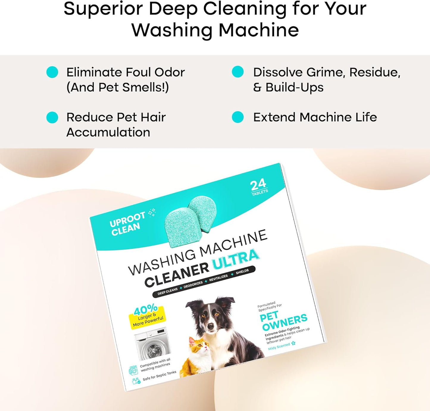 Uproot Clean Washing Machine Cleaner Tablets - 24 Pack for a 12 Month Supply. Formulated for Pet Owners. Compatible with HE, Top & Front Load. Easily Removes Residue, Grime, and Odors. Septic Safe.